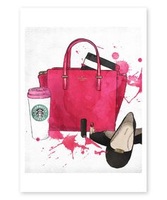 a watercolor painting of a handbag, starbucks cup and shoes