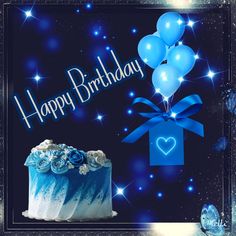 a birthday card with a blue cake and balloons in the shape of a gift box