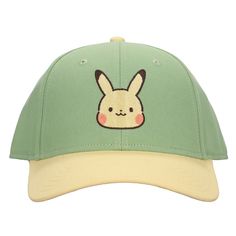 Spend the day with your favorite Pokémon and this comfy baseball cap. The hat comes in green with a yellow curved brim and features an embroidered chibi image of Pikachu's face. The hat is made with high-quality cotton materials and is one size fits all, so all fans can celebrate their favorite characters. The hat measures 58 cm. Pokémon fans will love this comfortable baseball cap. Chibi Pikachu, Pokemon Hat, Green Baseball Cap, Pokemon Merchandise, Pokemon Pikachu, Pokemon Drawings, Embroidered Hats, Pastel Green, Pokemon Fan