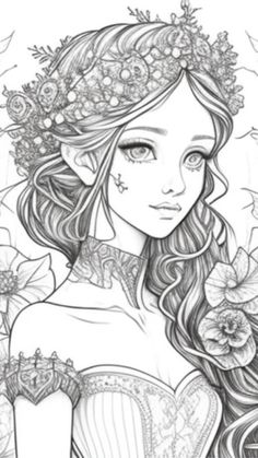 a girl with long hair and flowers in her hair