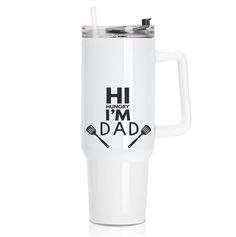 a white travel mug with the words i'm dad on it and two crossed arrows