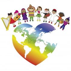 children with musical instruments are standing around the world in this colorful heart - shaped illustration