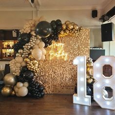 an image of a birthday party with balloons and lights on the wall in front of it