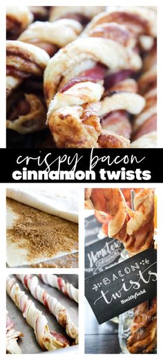 different types of pastries are shown in this collage with the words crispy bacon cinnamon twists