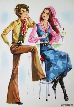 an illustration of a man and woman sitting at a table with drinks in their hands