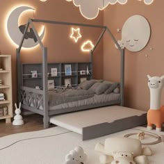 a child's bedroom decorated in pink and grey with lights on the ceiling, bookshelves and toys