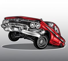 an old red car is shown in this artistic drawing