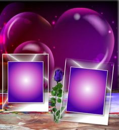 three frames with purple flowers and hearts in the background, one has a rose on it