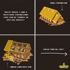 four different types of wooden buildings with instructions to build them and how they are made