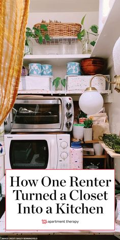 a kitchen filled with lots of clutter next to a white stove top oven and microwave