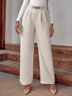 Albaricoque Elegante Collar  Tela tricotada Liso Pierna recta Embellished No-Elástico Formal Pants Women, Elegant Pants, Elegant Pant, Formal Pants, Quick Outfits, Pleated Trousers, Easy Trendy Outfits, Women Formals, Straight Trousers