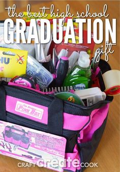 the best high school graduation gift for girls is this pink and black bag filled with personal care items