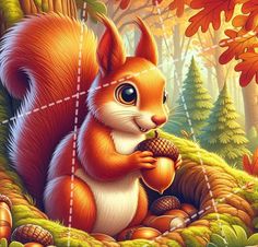 a painting of a squirrel eating an acorn in the woods with trees and leaves