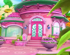 a pink house with lots of flowers and plants in front of the entrance to it