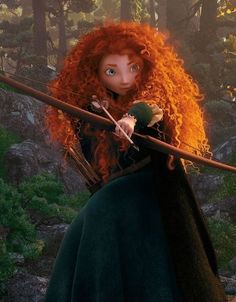 a woman with red hair holding a bow and arrow