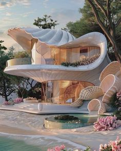 an artist's rendering of a house on the beach with shell - like architecture