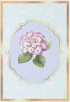 a pink flower with green leaves on a blue and gold background, in a frame