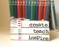 three books stacked on top of each other with the words create teach inspire written on them