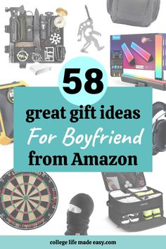 the words, great gift ideas for boyfriend from amazon on top of an image of various items