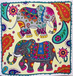 an elephant is painted in bright colors on a white background with flowers and paisleys