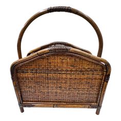 a brown wicker basket sitting on top of a table