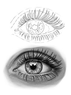 a drawing of an eye with long lashes and a cat's eye in the background