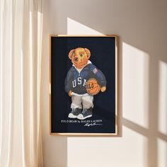 a framed teddy bear holding a basketball ball