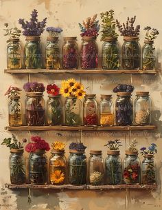 there are many jars with flowers in them on the shelf next to eachother