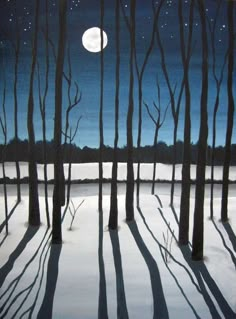 a painting of trees in the snow with a full moon behind them and stars above