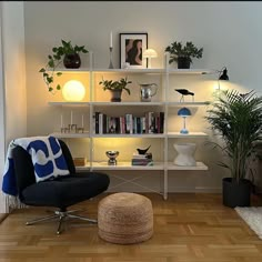 a living room filled with lots of furniture and plants on top of bookshelves