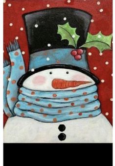 a painting of a snowman wearing a hat and scarf