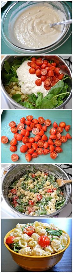 four pictures showing different types of food being cooked in pans and then put together