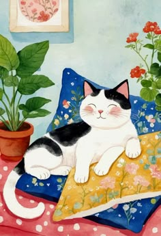 a painting of a black and white cat laying on a pillow next to a potted plant