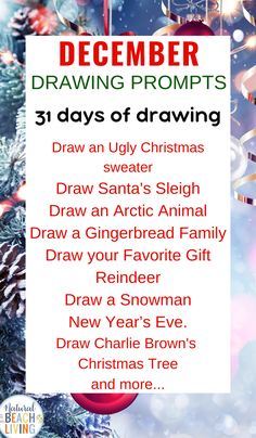 December Drawing Challenge, 31 Day Drawing Challenge, Challenges For Kids, Reindeer Drawing, Draw A Snowman, How To Draw Santa, Winter Drawings, Charlie Brown Christmas Tree, 30 Day Drawing Challenge