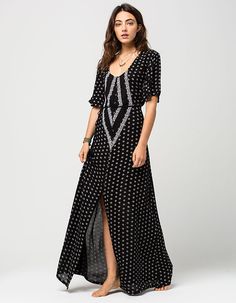 carousel for product 277593100 Clothes Encounters, Frill Sleeves, Caftan Dress, Fringe Dress, Black N White Dress, Dress Maxi, India Art, Print Chiffon, Black Maxi Dress