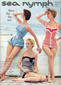 Sea nymph 1954 Vintage Bathing Suits 1950s, Vintage Inspired Bathing Suits, 1950s Bathing Suits, Bathing Suit For Women, Gingham Swimsuit, Tippi Hedren, Vintage Gingham, Summer Bathing Suits, Vintage Bathing Suits