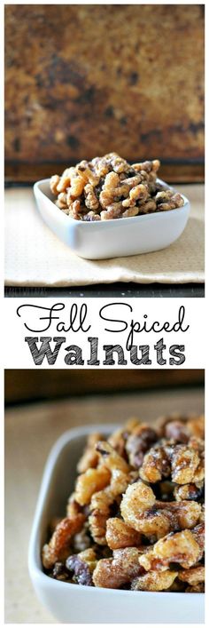 two different pictures of nuts in a bowl with the words fall spiced walnuts