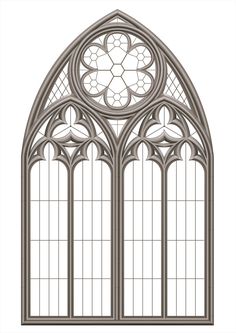 an image of a gothic style window with stained glass in the front and side panels