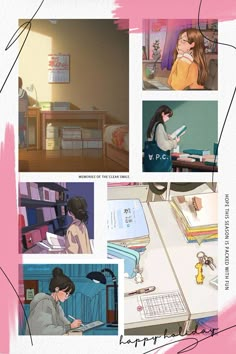 an illustrated collage of people working at desks and in the background is a pink wall