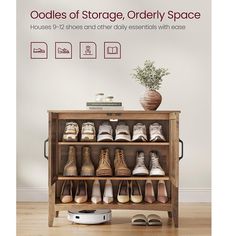 there are many pairs of shoes on the shelf in front of the floor scale, which is also used as a shoe storage unit