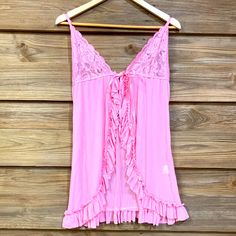 Hot Pink Sheer And Lace Nightie With Ruffles. Ties In The Front, Never Worn. Throwing Fits, Pink Sheer, Pink Bralette, Bodysuit Lingerie, Lace Lingerie Set, Lace Slip, Lace Thong, Long Sleeve Plaid, Pink Bra