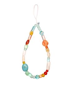 a multicolored beaded necklace hanging from a white string on a white background