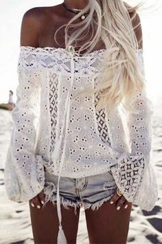 Summer Wedding Embroidered Blouse, White Bohemian Off-shoulder Blouse, Beach Lace Blouse, Long Sleeve Lace Blouse For Beach, Elegant Lace Blouse For Vacation, Fitted Lace Blouse For Vacation, White Lace Off-shoulder Top, Beach Long Sleeve Lace Blouse, Beach Lace Blouse With Long Sleeves