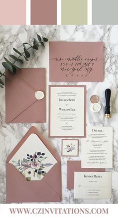 the wedding stationery is laid out and ready to be used as an additional color scheme