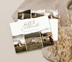 two cards with photos of people on them and the words gift certificate written in white