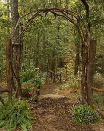 a wooden arch in the middle of a forest filled with trees and flowers, surrounded by greenery