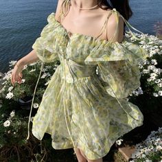 Lasaky - Floral Print Sweet and Spicy Tea Break Chiffon Dress with Waist Cinching and Princess Puff Skirt Spicy Tea, Puff Skirt, Short Green Dress, Casual Dating, Resort Dresses, Tea Break, Fairy Dress, Vacation Dresses, Style Dresses