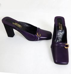 1980s Designer Vintage Purple Leather Versace Mules UK Size 4 EU 37 Timeless and stylish mule heels from Gianni Versace. In a deep purple leather, these square to mules have a gorgeous strap detail with a gold buckle feature.They have a 3.5" block heel and both the shoe and the heel are in great condition. Fabric - Leather Era - 1980s Colour - Purple Brand - Versace Condition - Excellent vintage condition Measurements UK Size 4 MV2974 Please check out our other unique vintage items in our Etsy s Vintage Formal Mules With Round Toe, Vintage Formal Closed Toe Mules, Vintage Closed Toe Formal Mules, Vintage Closed Toe Mules For Formal Occasions, Vintage Pointed Toe Mules, Vintage Versace Aesthetic, Versace Mules, Versace Flip Flops, 1980s Shoes