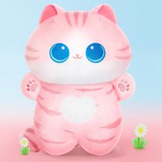 a pink cat with big blue eyes sitting in front of some flowers and daisies