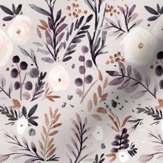 an abstract floral wallpaper with white and purple flowers, leaves and berries on it